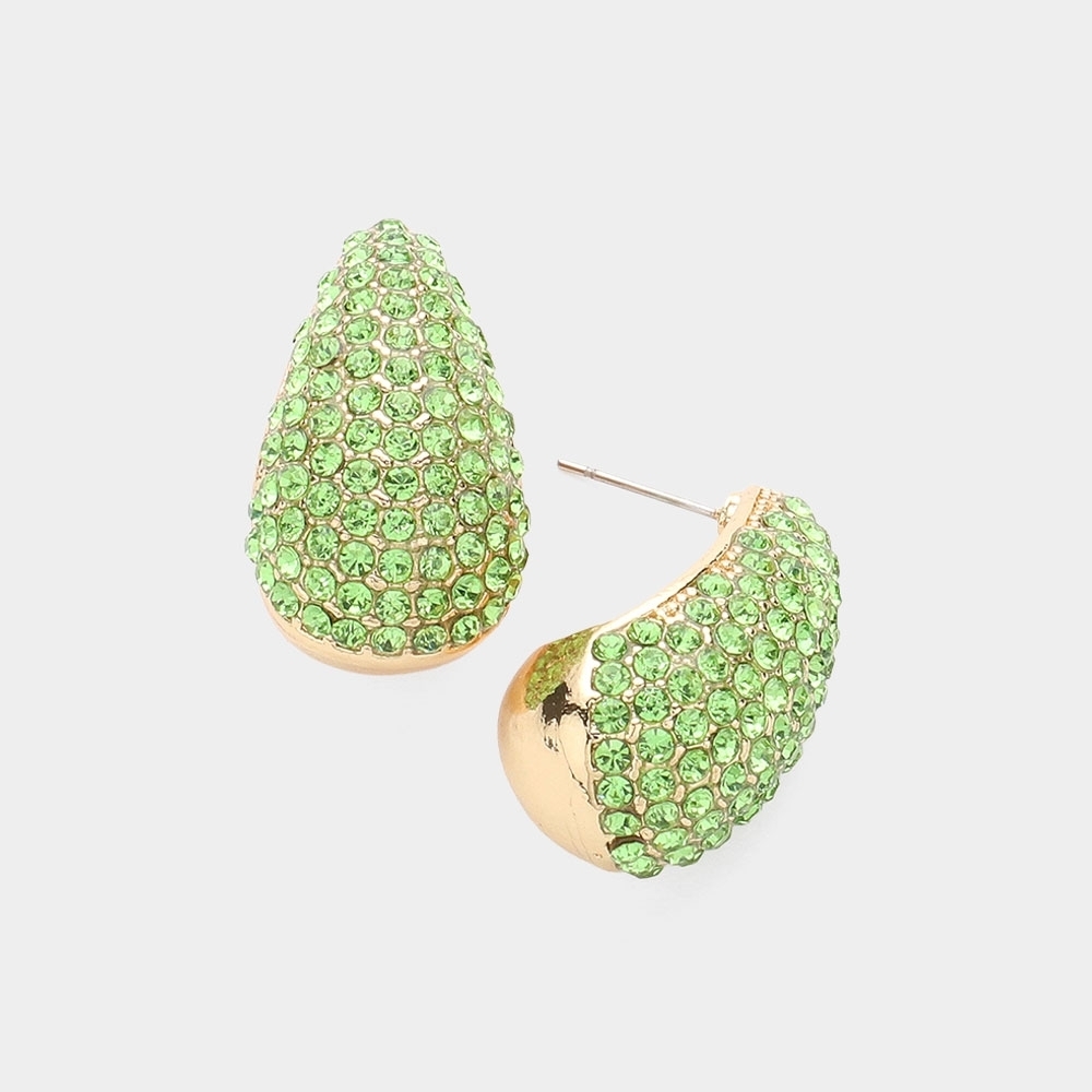 Green Rhinestone Stud Earrings Curved Statement Accessories Teardrop WaterDrop